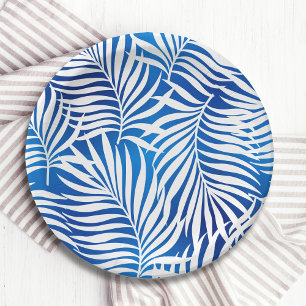 Tropical Blue And White Foliage Floral Paper Plates