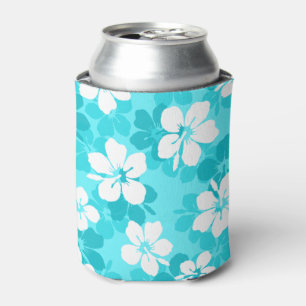 Tropical Blue and White Hibiscus Flower Pattern Can Cooler