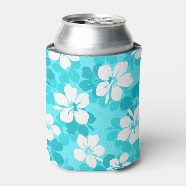 Tropical Blue and White Hibiscus Flower Pattern Can Cooler (Can Front)