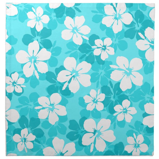 Tropical Blue and White Hibiscus Flower Pattern Cloth Napkin (Front)