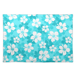Tropical Blue and White Hibiscus Flower Pattern Cloth Placemat