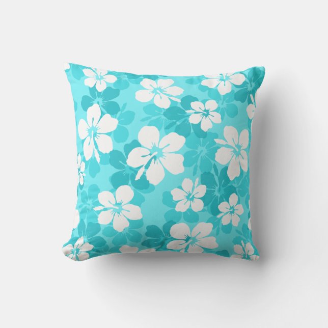 Tropical Blue and White Hibiscus Flower Pattern Outdoor Pillow (Front)