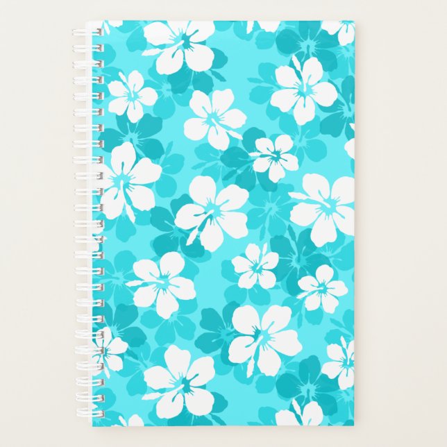 Tropical Blue and White Hibiscus Flower Pattern Planner (Front)