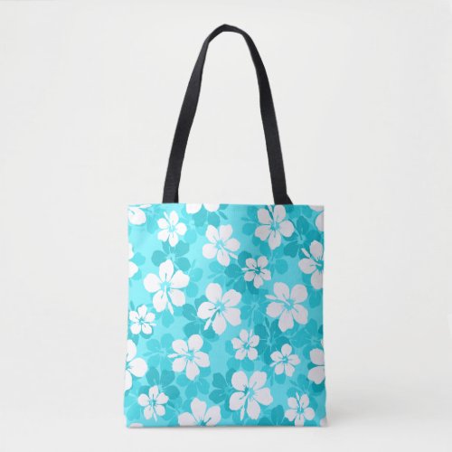 Tropical Blue and White Hibiscus Flower Pattern Tote Bag