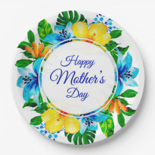 Tropical Blue and Yellow Floral Happy Mother's Day Paper Plates