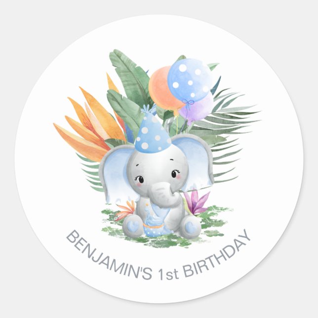 Tropical Blue Baby Elephant 1st Birthday Classic Round Sticker (Front)