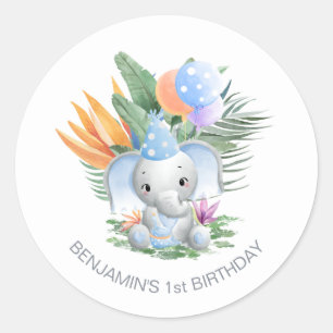 Tropical Blue Baby Elephant 1st Birthday Classic Round Sticker