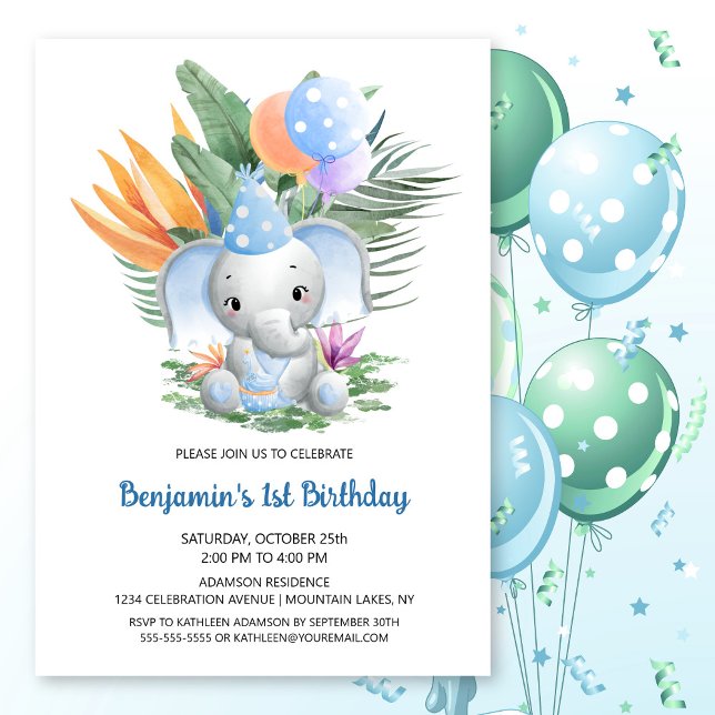 Tropical Blue Baby Elephant 1st Birthday Party Invitation (Creator Uploaded)