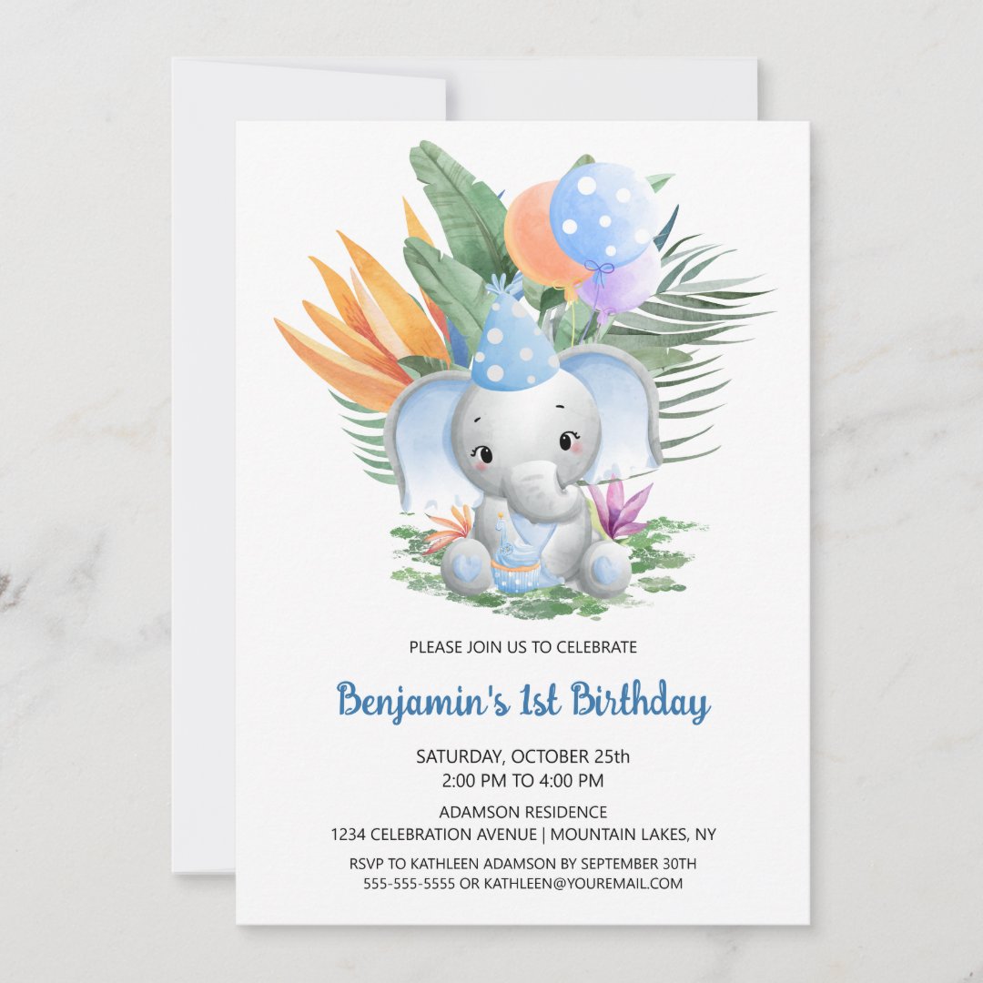 Tropical Blue Baby Elephant 1st Birthday Party Invitation | Zazzle