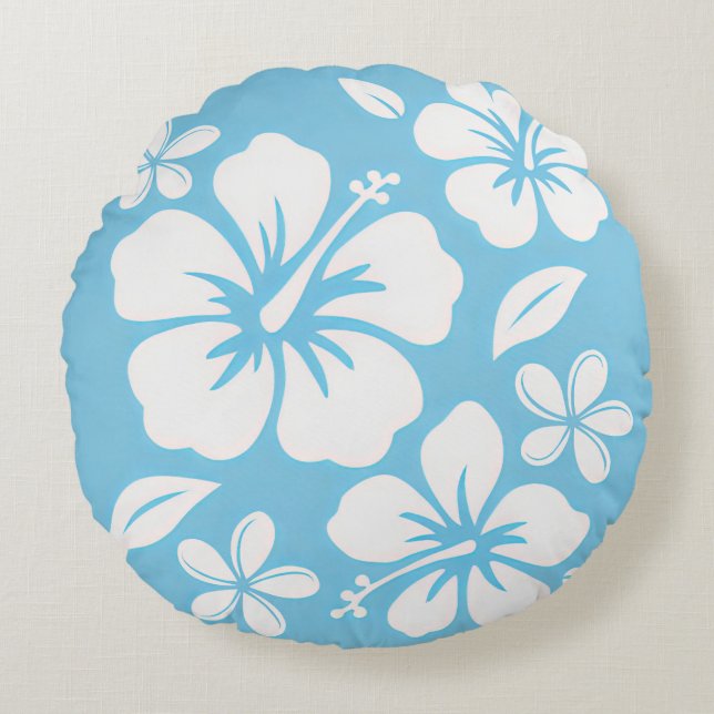 Tropical Blue Beach Flowers Round Pillow (Front)