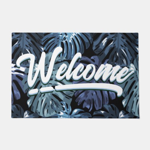 Tropical Blue Black Palm Leaves Welcome  Doormat