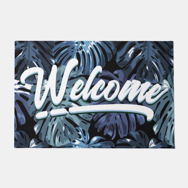 Tropical Blue Black Palm Leaves Welcome  Doormat (Front)