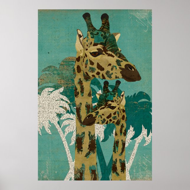 Tropical Blue Boho Giraffes Retro  Art Poster (Front)