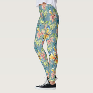 Tropical Blue Butterfly Exotic Flower Pattern Leggings