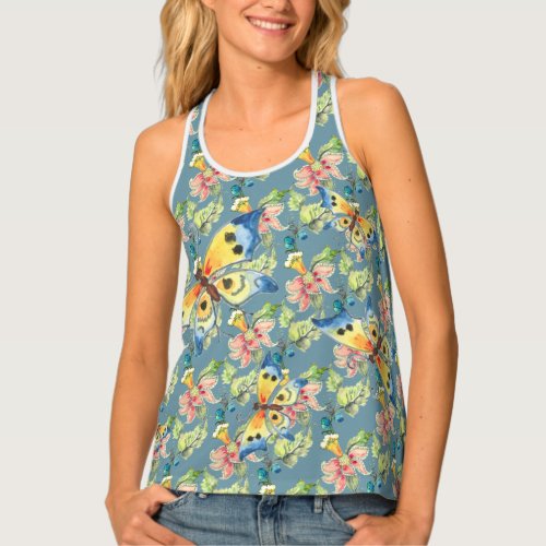 Tropical Blue Butterfly Floral Flower Pattern Tank Top