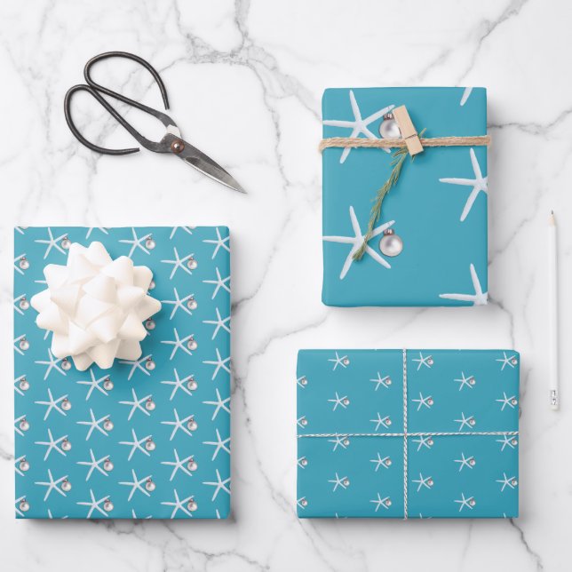 Tropical Blue Christmas Starfish n Ornaments  Wrapping Paper Sheets (Front)