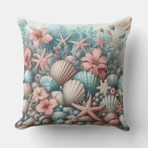 TROPICAL BLUE & CORAL UNDER SEA SEASHELLS THROW PILLOW