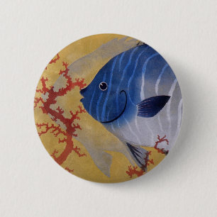 Tropical Blue Fish Vintage Coral Marine Ocean Life Button