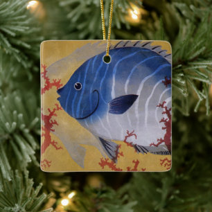 Tropical Blue Fish Vintage Coral Marine Ocean Life Ceramic Ornament