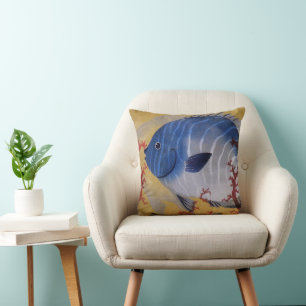 Tropical Blue Fish Vintage Coral Marine Ocean Life Throw Pillow