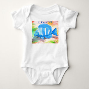Tropical blue fish Watercolor Sea Ocean Baby Bodysuit