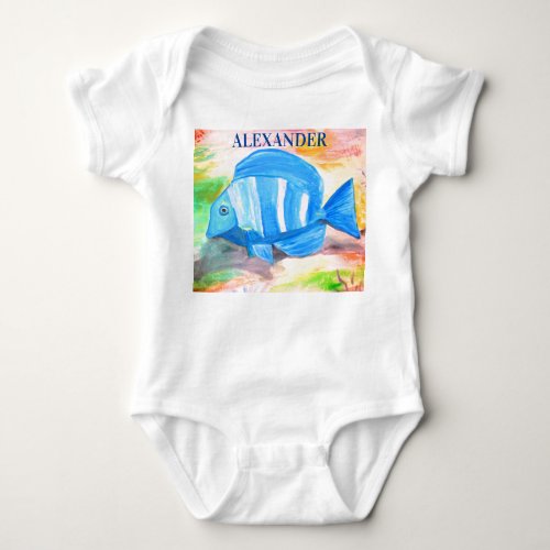 Tropical blue fish Watercolor Sea Ocean Baby Bodysuit