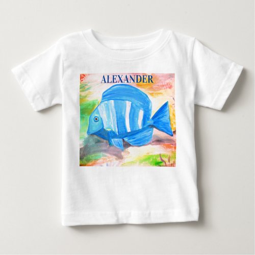 Tropical blue fish Watercolor Sea Ocean Baby T_Shirt