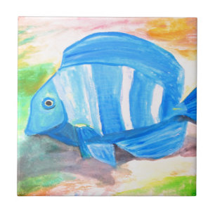 Tropical blue fish Watercolor Sea Ocean Ceramic Tile
