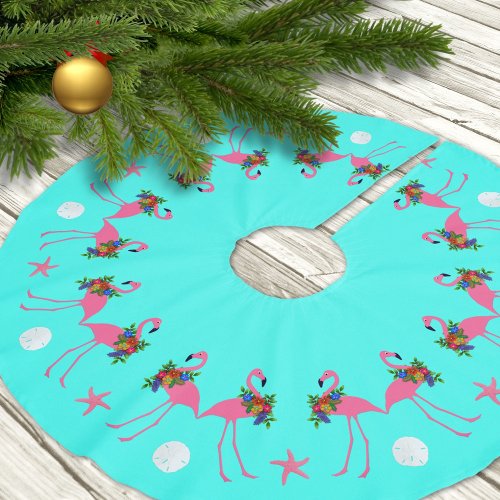 Tropical Blue Flamingo Christmas Border Brushed Polyester Tree Skirt