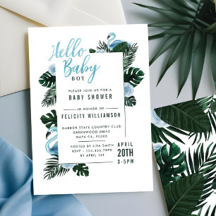 Tropical Blue Flamingo Rose Baby Shower Invitation
