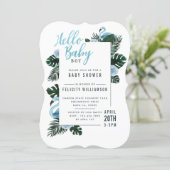 Tropical Blue Flamingo Rose Baby Shower Invitation (Standing Front)