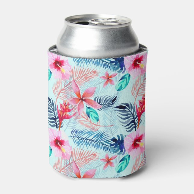 Tropical Blue Floral Pattern Can Cooler (Can Front)