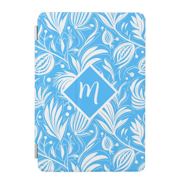 Tropical Blue Floral Pattern Diamond Monogram iPad Mini Cover (Front)