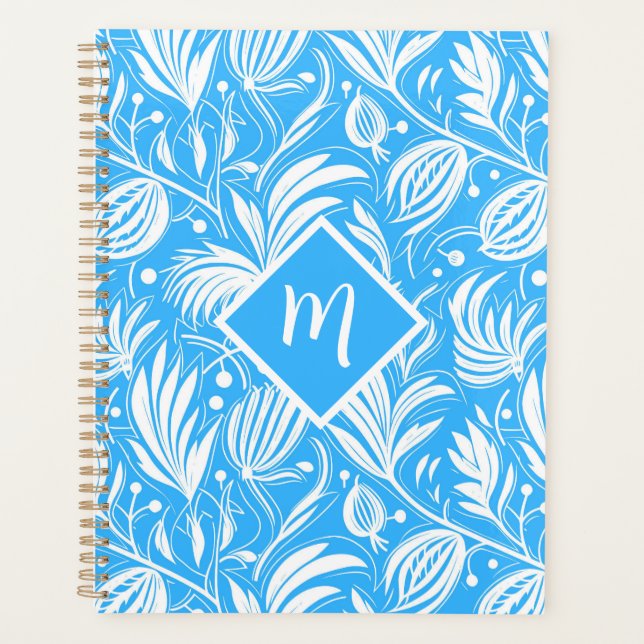 Tropical Blue Floral Pattern Diamond Monogram Planner (Front)