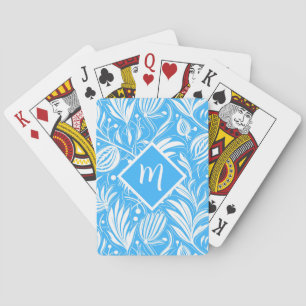 Tropical Blue Floral Pattern Diamond Monogram Poker Cards