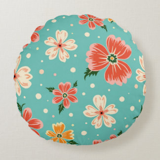 Tropical Blue Floral Round Pillow