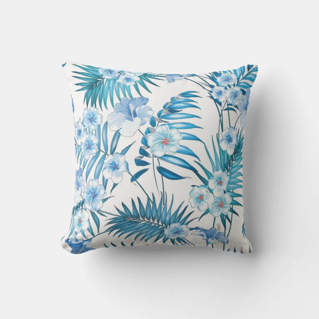 Tropical Blue Floral Throw Pillow (Front)