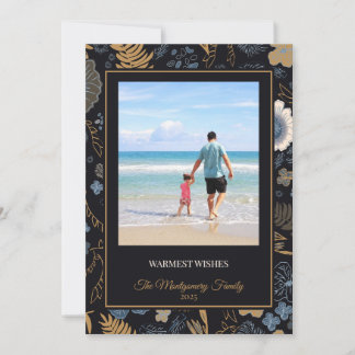 Tropical Blue Gold Flowers Warm Wishes Holiday Card