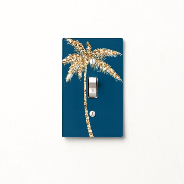 Tropical Blue Gold Glitter Palm Tree Light Switch Cover (In Situ)