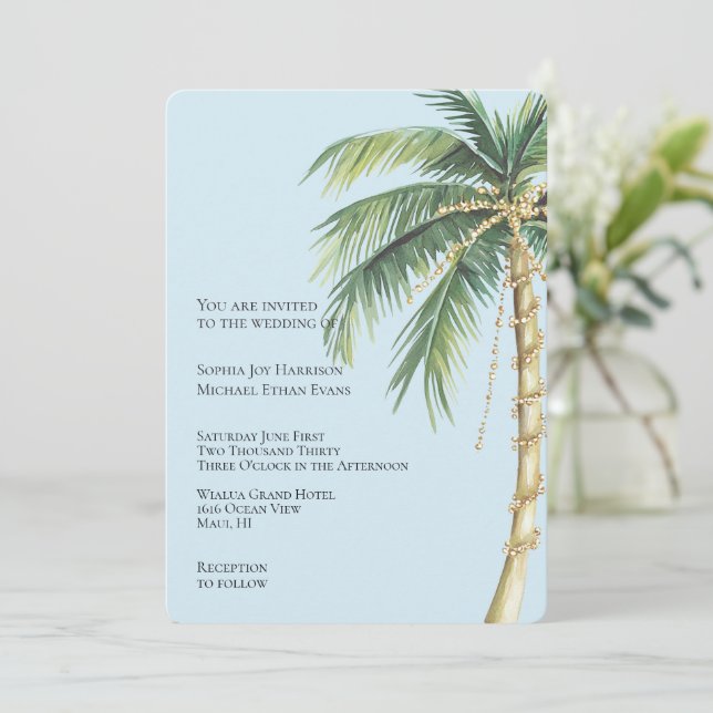 Tropical Blue Gold Glitzy Palm Tree Wedding Invitation (Standing Front)