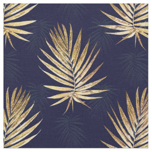 Tropical Blue Gold Palm Leaves Greenery Fabric