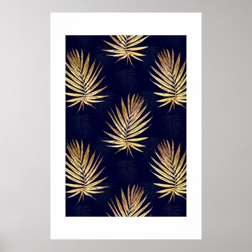 Tropical Blue Gold Palm Leaves Greenery Poster