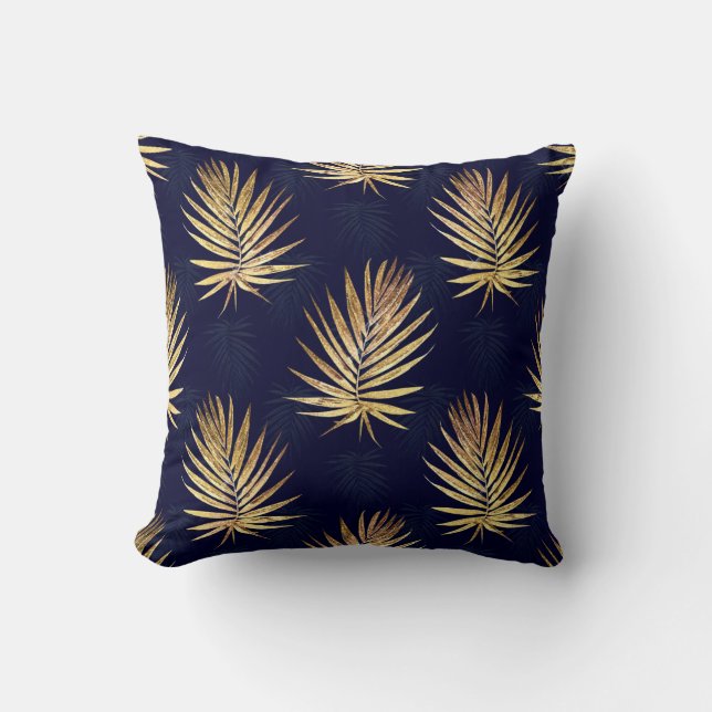 Tropical Blue Gold Palm Leaves Greenery Throw Pillow (Front)