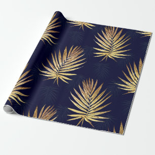 Tropical Blue Gold Palm Leaves Greenery Wrapping Paper