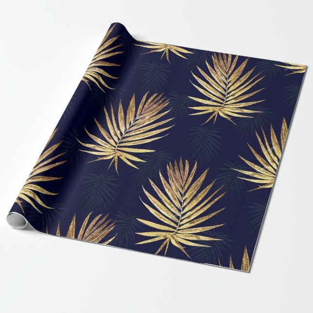 Tropical Blue Gold Palm Leaves Greenery Wrapping Paper (Unrolled)