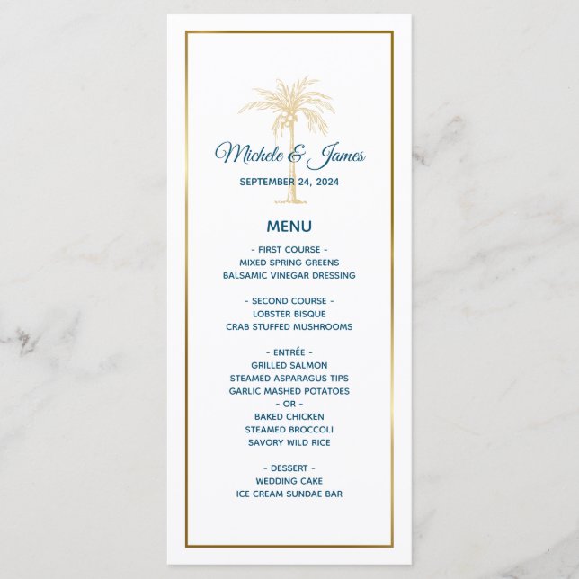 Tropical Blue Gold Palm Tree Beach Wedding Menu (Front)