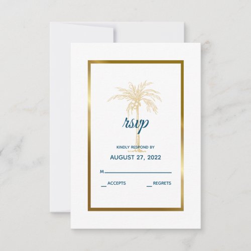 Tropical Blue Gold Palm Tree Beach Wedding RSVP Card