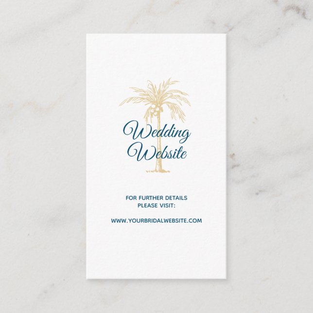 Tropical Blue Gold Palm Tree Beach Wedding Website Enclosure Card (Front)