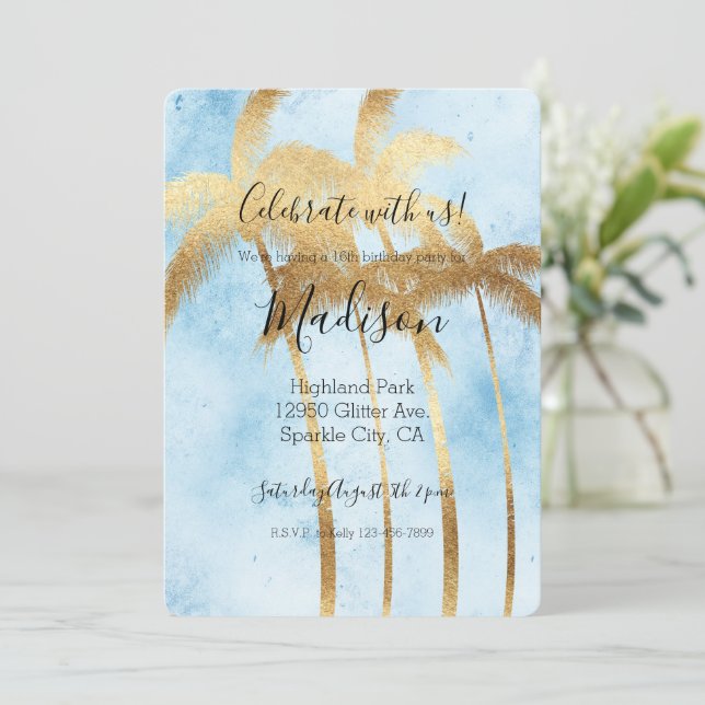 Tropical Blue Gold Palm Trees  Invitation (Standing Front)