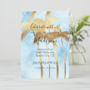 Tropical Blue Gold Palm Trees Invitation